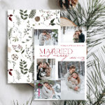 Modernes Red Merry & Verheiratetes Foto neu verhei Feiertagskarte<br><div class="desc">Die atemberaubende neue Modern Red Merry & Verheiratet 5 Foto Newlywed Holiday Card: Ein modernes Design mit eleganter Typografie und fünf hochkarätigen Fotos in festlichem Rot und Weiß. Die minimalistische Vorderseite wird durch ein warmes, festliches botanisches Wassermuster auf der Rückseite ergänzt, das Grün, Eukalyptus, Kiefern und Beeren zeigt. Ideal, um...</div>