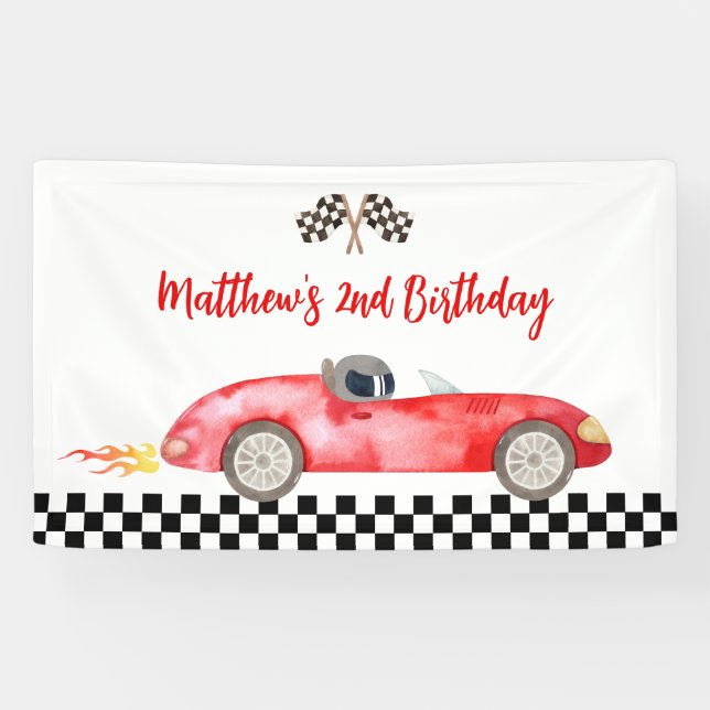 Modernes Red Race Car Birthday Banner (Horizontal)