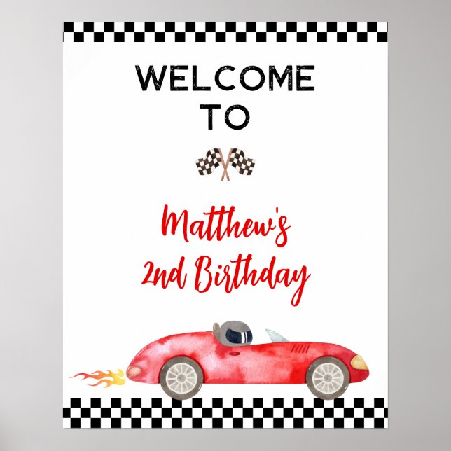 Modernes Red Race Car Geburtstag Begrüßungszeichen Poster (Vorne)