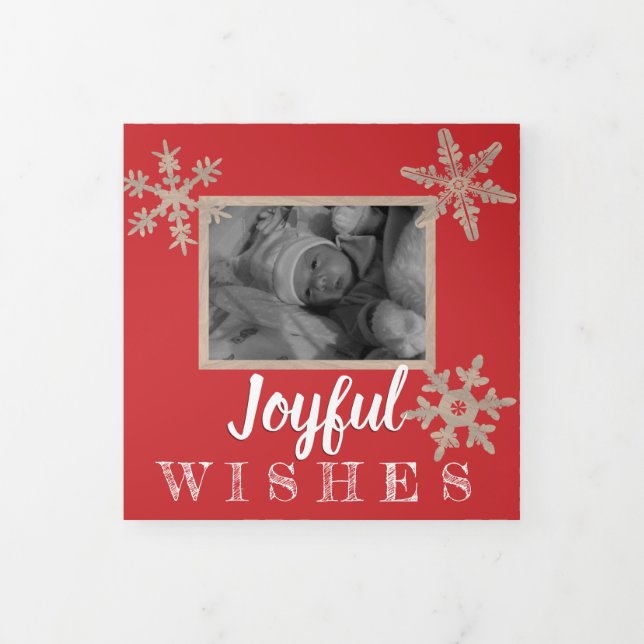 Modernes Red Rustic Snowflake Festival 3 Foto Dreifach Gefaltete Urlaubskarte (Cover)