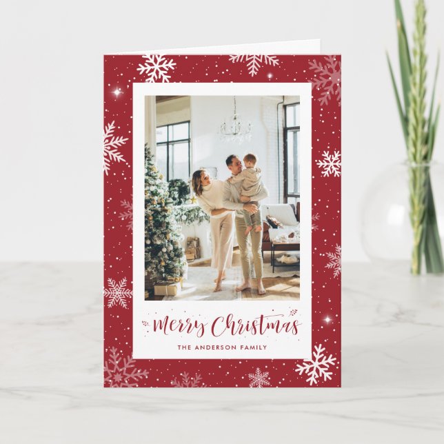 Modernes Red Snowflake Foto Frohe Weihnachten (Vorderseite)