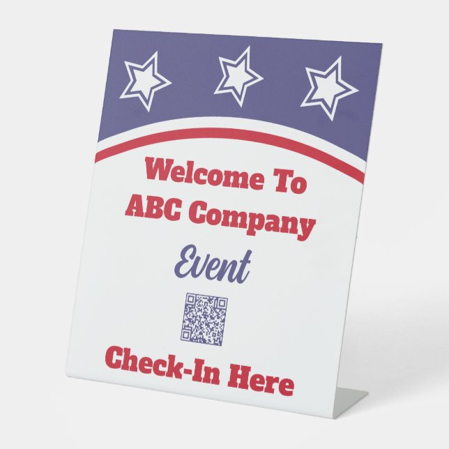 Modernes Red White Blue QR Code Business Sockelschild (Vorderseite)