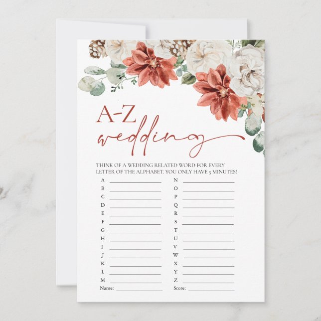 Modernes Red Winter Wedding A-Z Brautparty Game Einladung (Vorderseite)