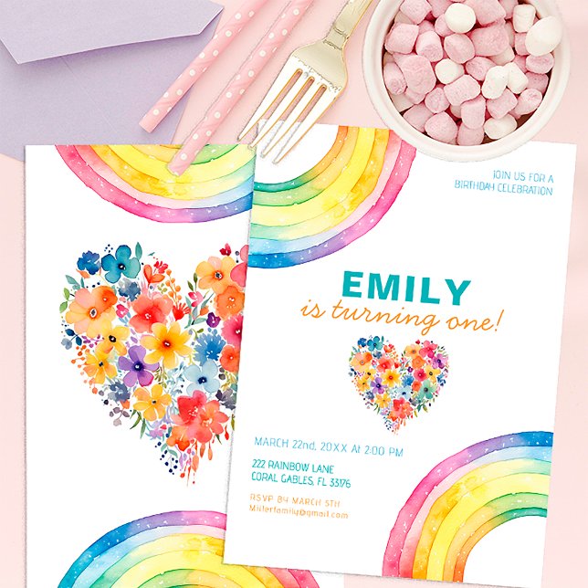 Modernes Regenbogenherz Floral Girl zum Geburtstag Einladung (Colorful Watercolor Rainbow Birthday)