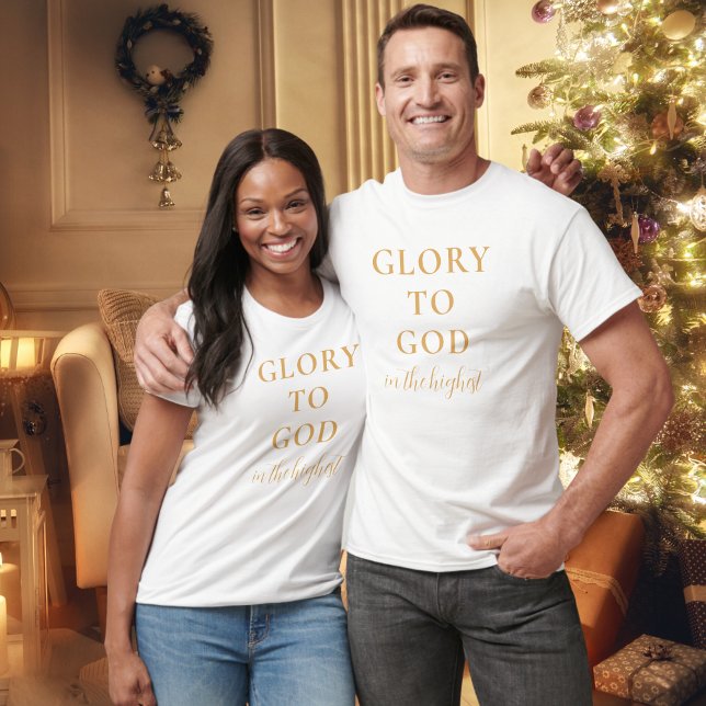 Modernes, religiös Christliches Glaubensgrundgold  T-Shirt (Modern, faith-based, Christian t-shirt with Glory to God Bible verse in gold and white.)