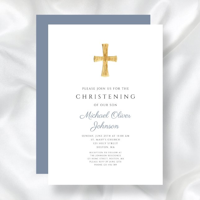 Modernes religiöses Cross Dusty Blue Christening Einladung (Modern Religious Cross Dusty Blue Christening Invitation)