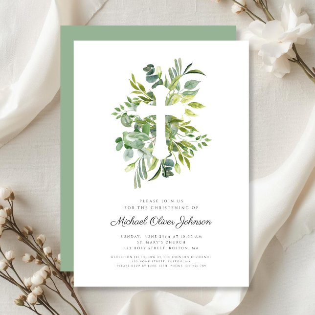 Modernes religiöses Cross Greenerening Einladung (Modern Religious Cross Greenery Christening Invitation)