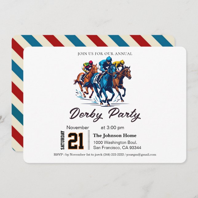 Modernes Rennpferd Derby Party Reitsport Einladung (Vorne/Hinten)