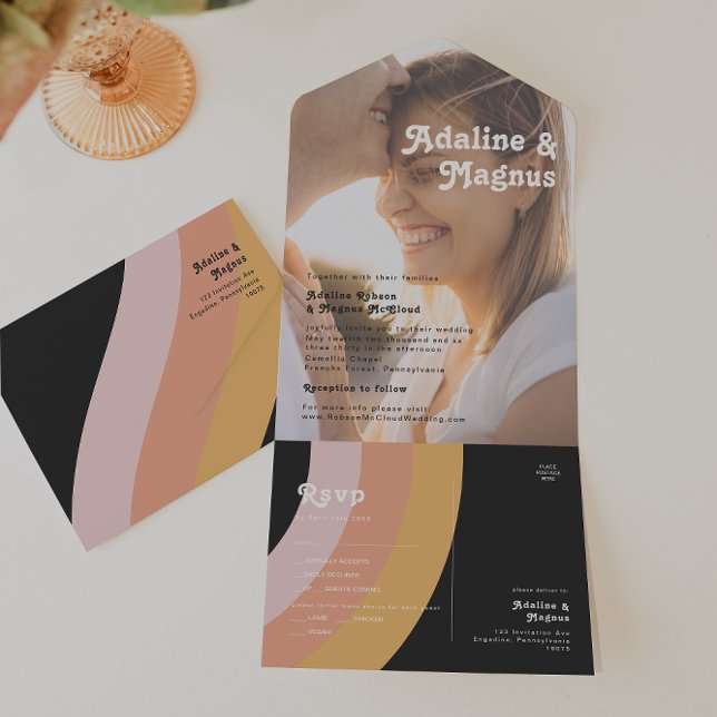 Modernes Retro 70er Rainbow Dark Foto Siegel und S All In One Einladung (Von Creator hochgeladen)