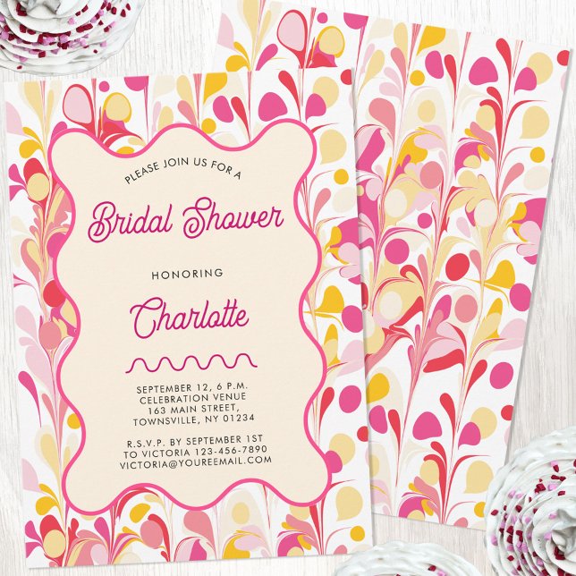 Modernes Retro-Abstrakt rosa Brautparty Einladung (Modern abstract groovy abstract wavy personalized bridal shower invitation)