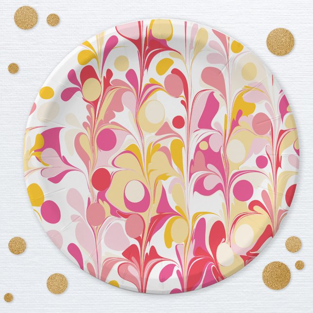 Modernes Retro-Abstrakt rosa Pappteller (Modern retro groovy abstract pattern party paper plate)