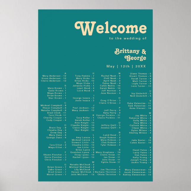 Modernes Retro | Aquamarines Alphabetisches Sitzpl Poster (Vorne)
