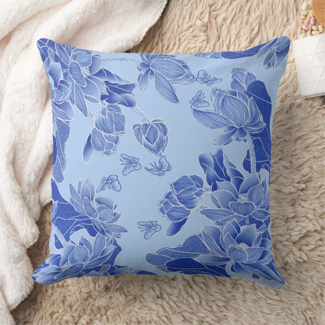 Modernes Retro Blue Chinoiserie Chic Lotus Mandala Kissen (Decke)