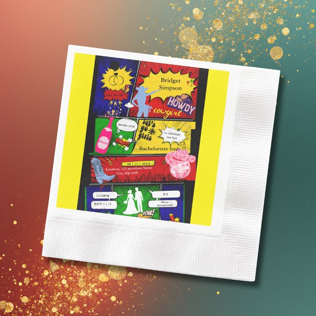 Modernes Retro Comic Bachelorette Cowgirl Serviette (Von Creator hochgeladen)