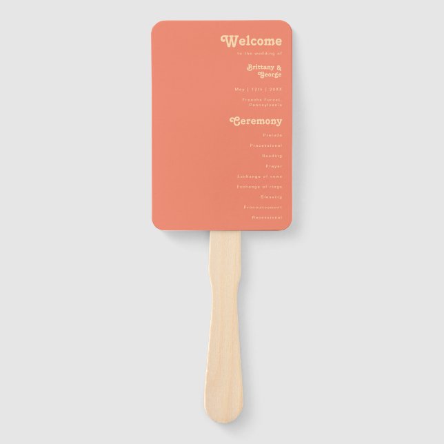 Modernes Retro | Coral Wedding Program Hand Fan Fächer (Vorderseite)