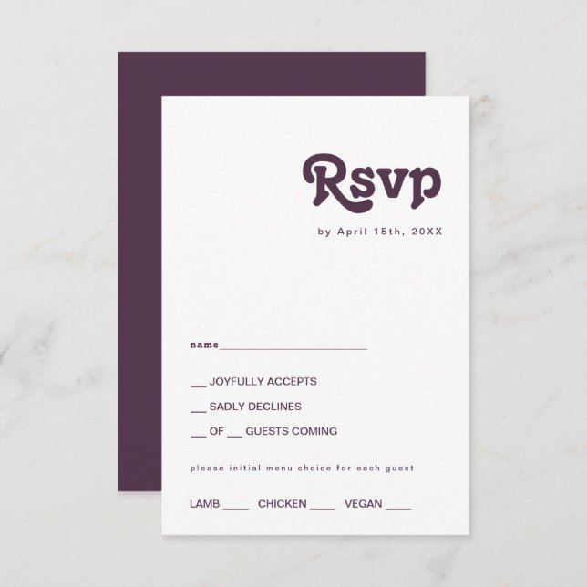 Modernes Retro | Dark Lila Menu Choice RSVP Card (Vorne/Hinten)