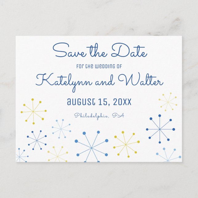 Modernes Retro des Mitteljahrhunderts Save the Dat Ankündigungspostkarte (Vorderseite)