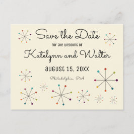 Modernes Retro des Mitteljahrhunderts Save the Dat Ankündigungspostkarte