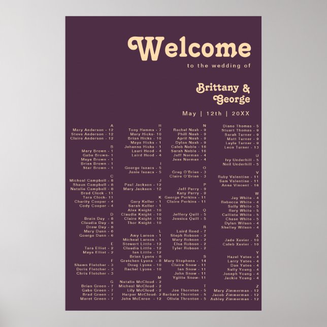 Modernes Retro | Dunkle Lila Alphabetische Sitzplä Poster (Vorne)