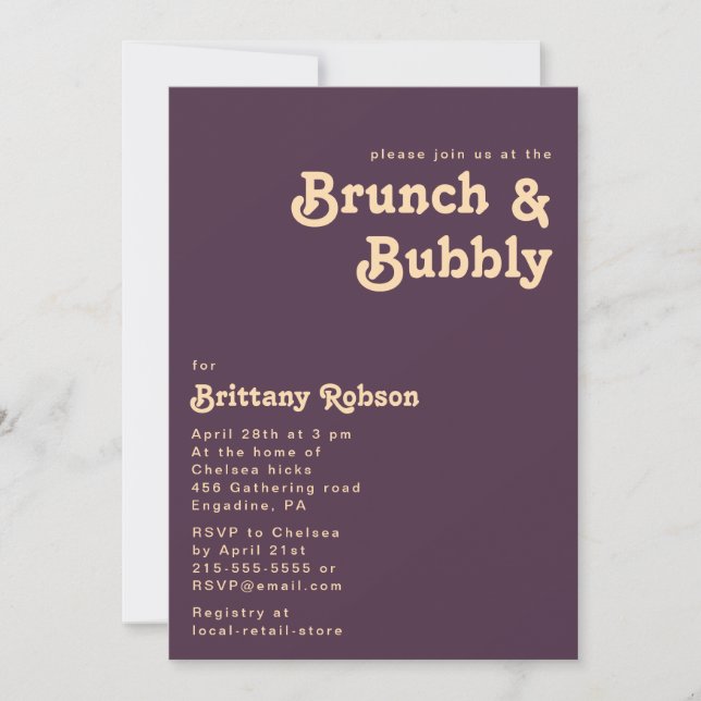 Modernes Retro | Dunkler Lila Brunch und Bubbly Einladung (Vorderseite)