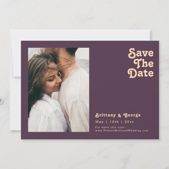 Modernes Retro | Dunkles Lila Foto Horizontal Save The Date (Vorderseite)