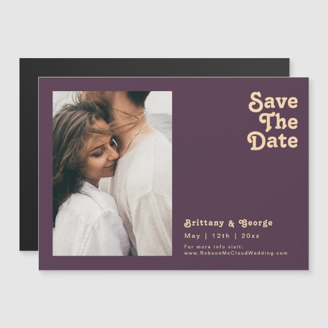 Modernes Retro | Lila Horizontal Save the Date Magneteinladung (Vorne/Hinten)
