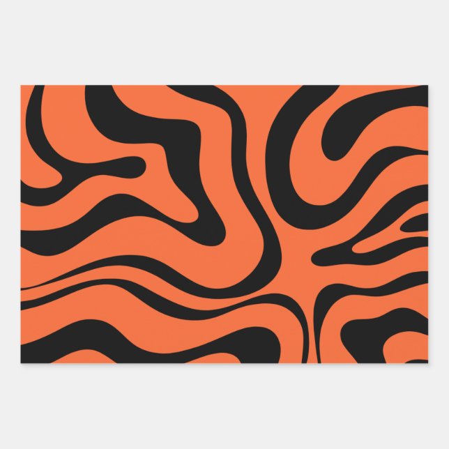 Modernes Retro Liquid Swirl Abstrakt Schwarz Orang Geschenkpapier Set (Vorderseite)