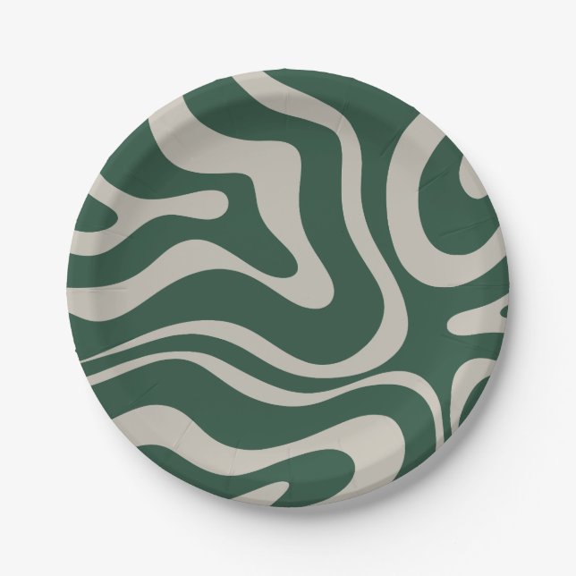 Modernes Retro Liquid Swirl Abstraktes Muster Grün Pappteller (Vorderseite)