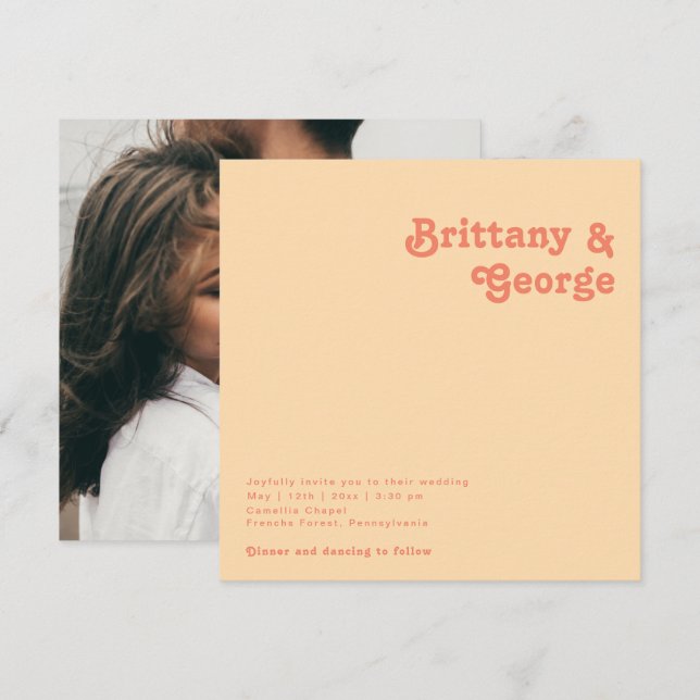 Modernes Retro | Orange Cream Square Foto Wedding Einladung (Vorne/Hinten)