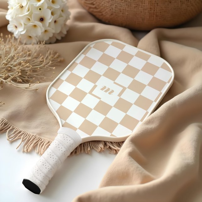 Modernes Retro-Prüfmuster benutzerdefiniertes Mono Pickleball Schläger (Modern Retro Chequered Pattern Custom Monogram Tan Pickleball Paddle)