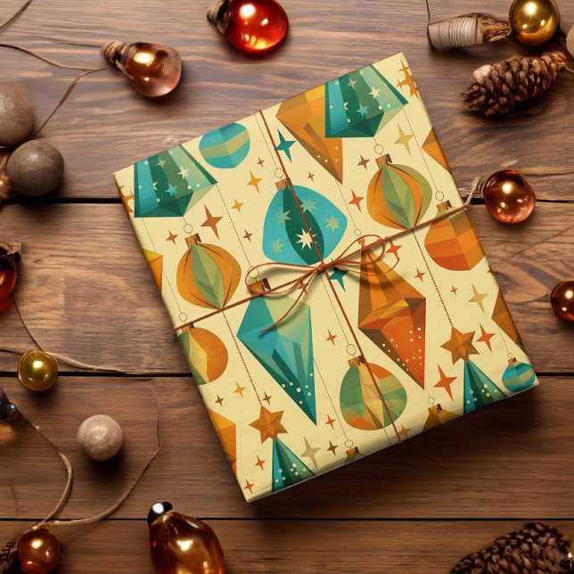 Modernes Retro-Weihnachtsschmuck aus dem Mittelalt Geschenkpapier (Mid century modern retro christmas wrapping paper in vintage gold, copper, and teal)