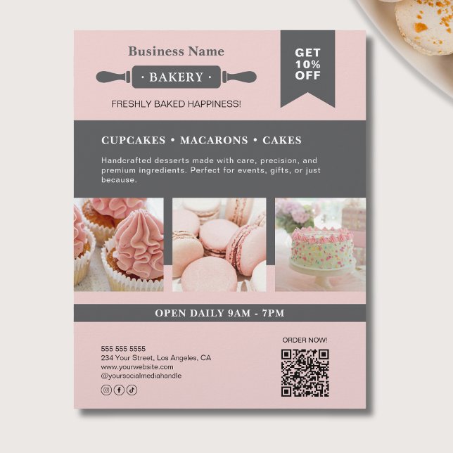 Modernes Rolling Button Pink Gray Bäckerei Busines Flyer (Modern Rolling Pin Pink Gray Bakery Business Flyer)