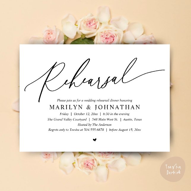 Modernes romantisches Abendessen bei Hochzeitsfeie Einladung (Modern Romantic Wedding Rehearsal Dinner Dancing Invitation Card PDF White Black)