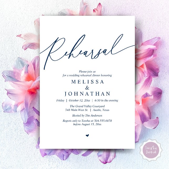 Modernes romantisches Hochzeitsessen Probe Einladung (Modern Romantic Wedding Rehearsal Dinner Dancing Invitation Card PDF Navy Blue)