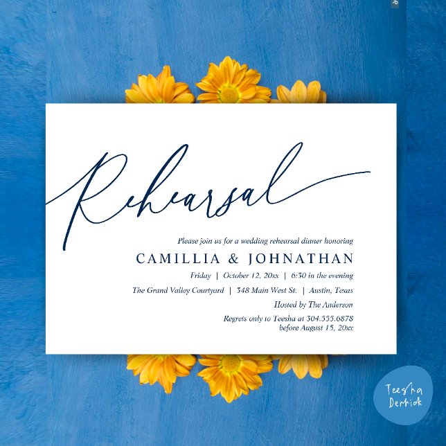 Modernes romantisches Hochzeitsessen Probe Einladung (Modern Romantic Wedding Rehearsal Dinner Dancing Invitation Card PDF Navy Blue)