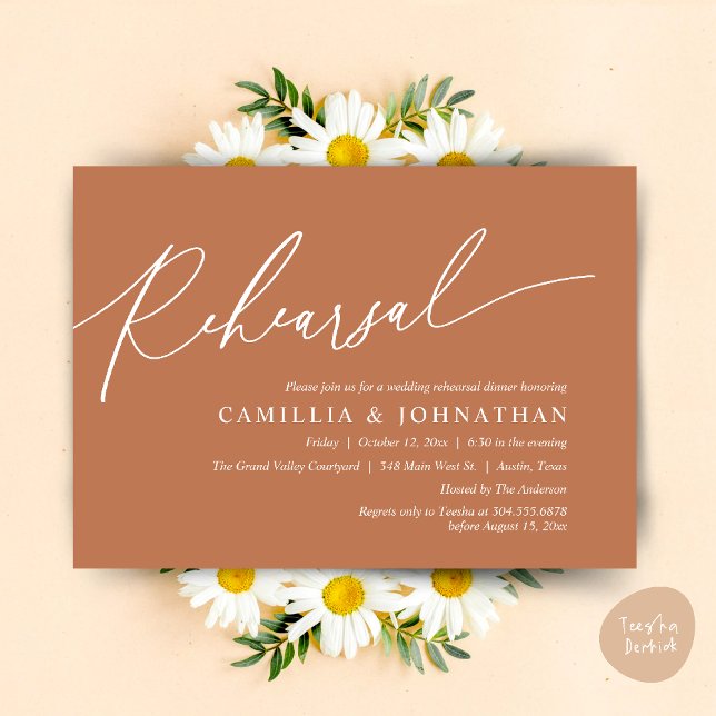 Modernes romantisches Hochzeitsessen Probe Einladung (Modern Romantic Wedding Rehearsal Dinner Dancing Invitation Card PDF Aesthetic Copper Brown )