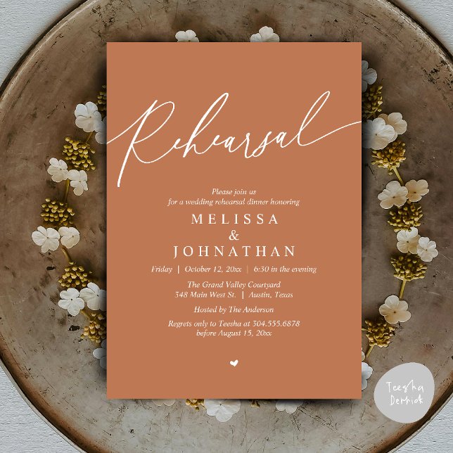 Modernes romantisches Hochzeitsessen Probe Einladung (Modern Romantic Wedding Rehearsal Dinner Dancing Invitation Card PDF Aesthetic Copper Brown )