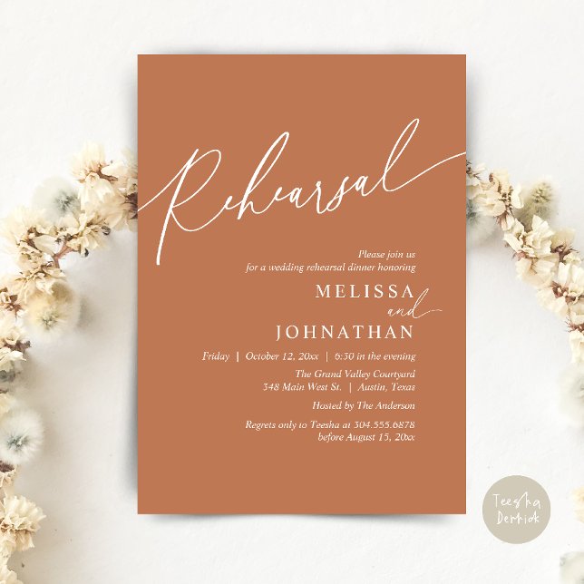 Modernes romantisches Hochzeitsessen Probe Einladung (Modern Romantic Wedding Rehearsal Dinner Dancing Invitation Card PDF Aesthetic Copper Brown )