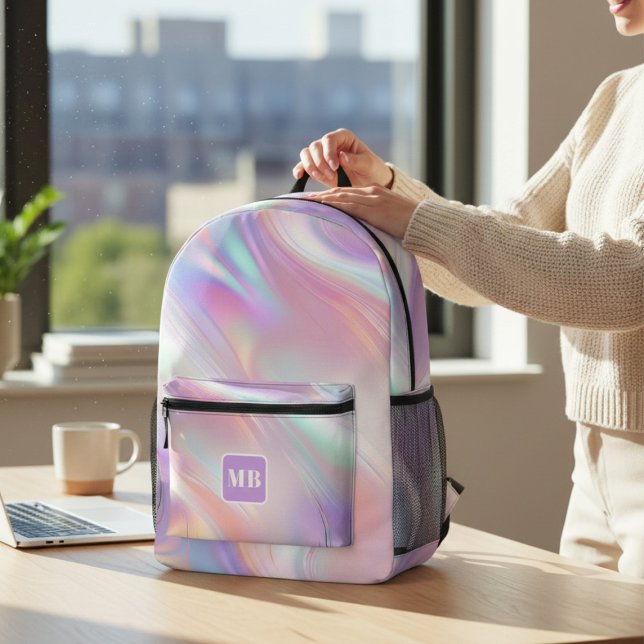 Modernes rosa blaues Iridescent-Swirl-Monogramm Bedruckter Rucksack (Von Creator hochgeladen)
