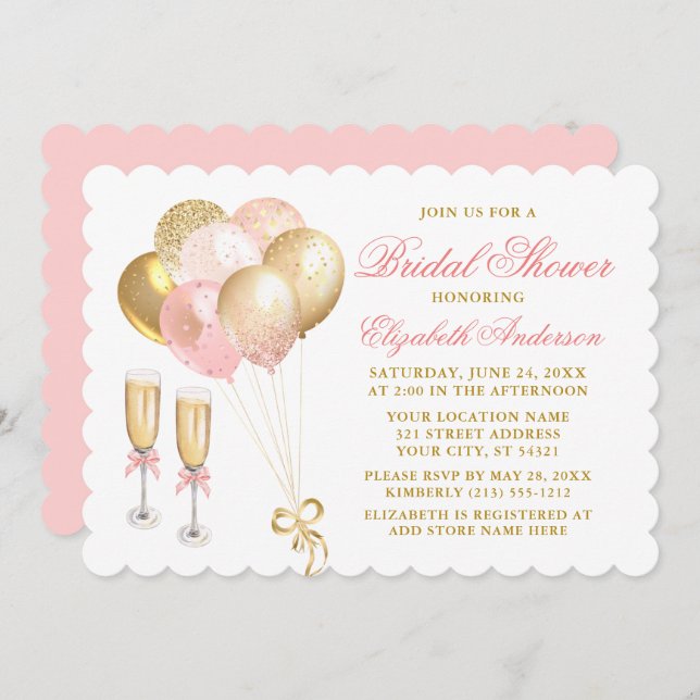 Modernes Rosa Blush Gold Balloons Brautparty Einladung (Vorne/Hinten)