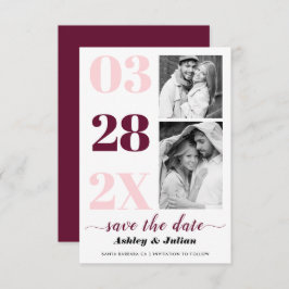 Modernes Rosa, bordeauxfarbene Typografie, zwei Fo Save The Date