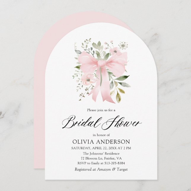 Modernes rosa Bow Coquette Brautparty Einladung (Vorne/Hinten)