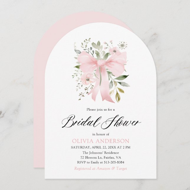 Modernes rosa Bow Coquette Brautparty Einladung (Vorne/Hinten)