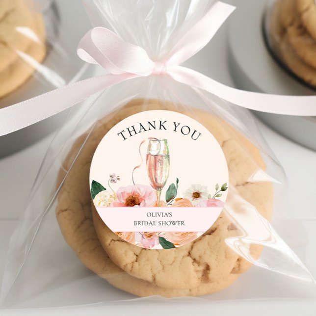 Modernes rosa Brautparty mit floralen Champagner Runder Aufkleber (Von Creator hochgeladen)
