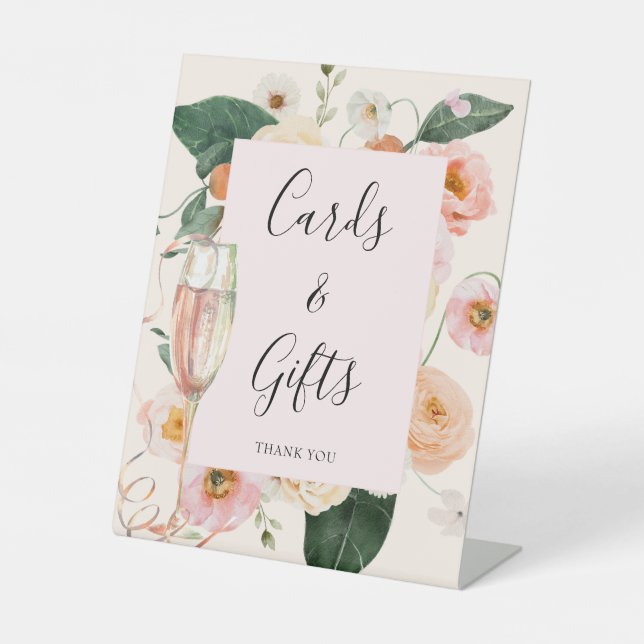 Modernes rosa Brautparty mit floralen Champagner Sockelschild (Vorderseite)