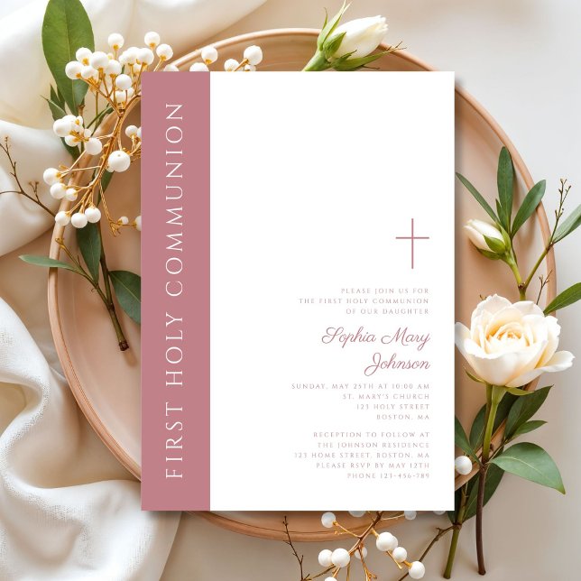 Modernes Rosa Cross Girl Erste Kommune Einladung (Modern Elegant Pink Cross Girl First Communion Invitation)