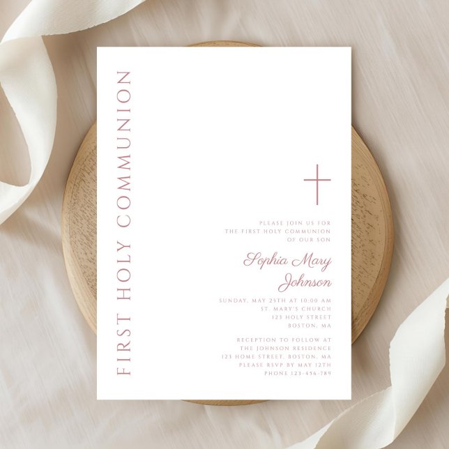 Modernes Rosa Cross Girl Erste Kommune Einladung (Modern Elegant Pink Cross Girl First Communion Invitation)