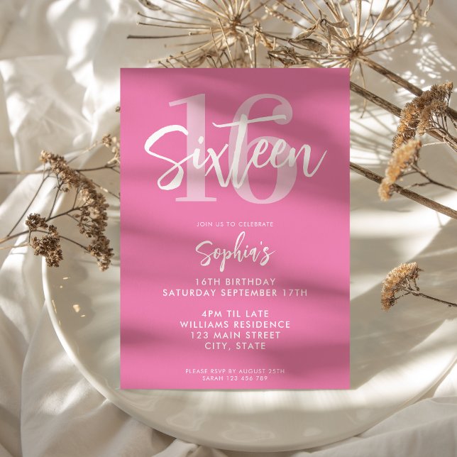 Modernes Rosa Elegant zum 16. Geburtstag Einladung (Modern Pink Elegant 16th Birthday Invitation)