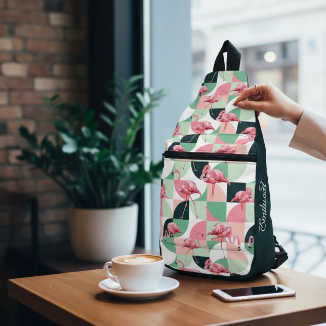 Modernes rosa Flamingo Geometric Girly Chic Muster Crossbody Bag (Von Creator hochgeladen)