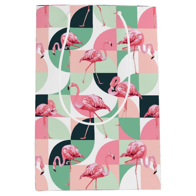 Modernes rosa Flamingo Geometric Girly Chic Muster Mittlere Geschenktüte (Vorderseite)